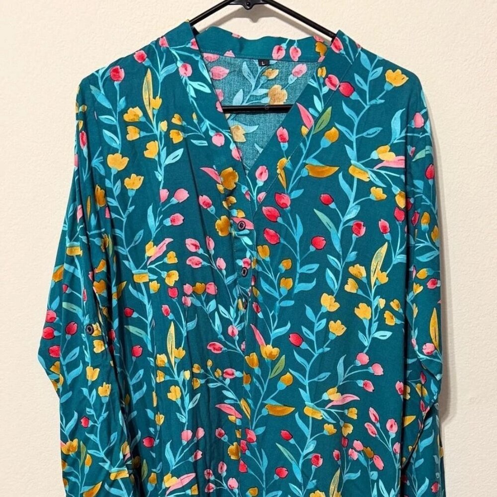 Women's Tunic Top Kurti Kurta Long Shirt Teal Floral Print Size L